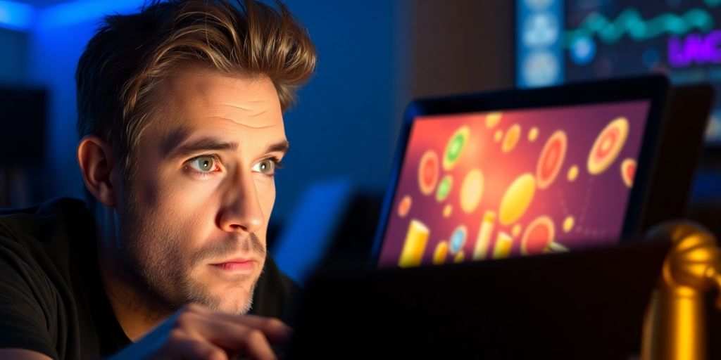 Australian gambler looking wary at a laptop screen.