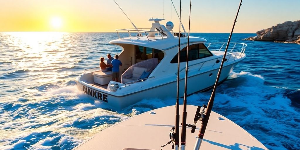 Luxury fishing boat in Cabo during sunset.
