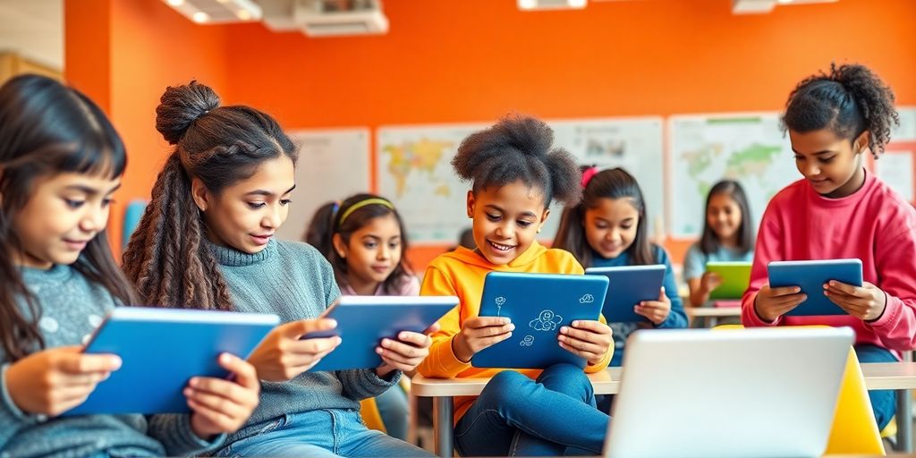 Students using tablets in a modern classroom setting.