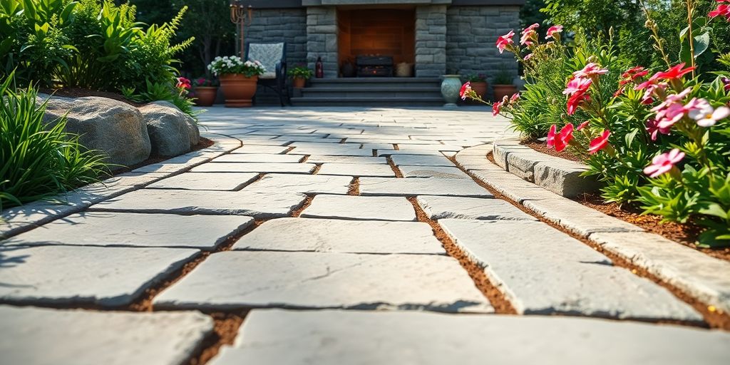 Beautiful stone patio with outdoor fireplace and landscaping.