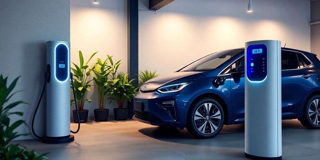 Electric vehicle charging in a stylish home garage.