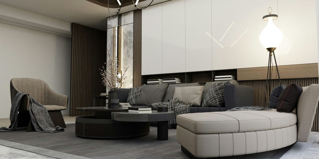 a living room filled with furniture and a lamp