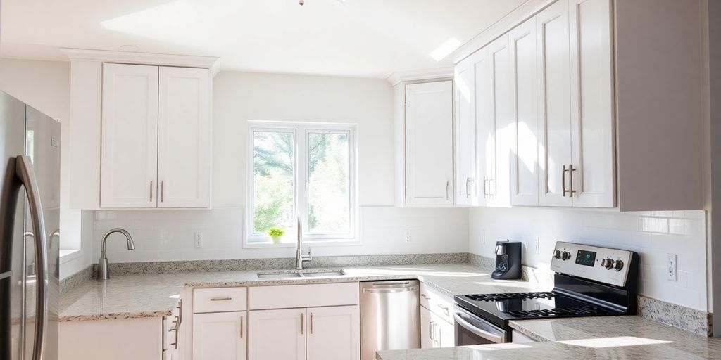 Modern kitchen renovation with new cabinets and countertops.
