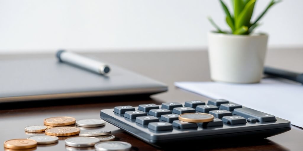 Calculator, coins, and a plant on a desk.