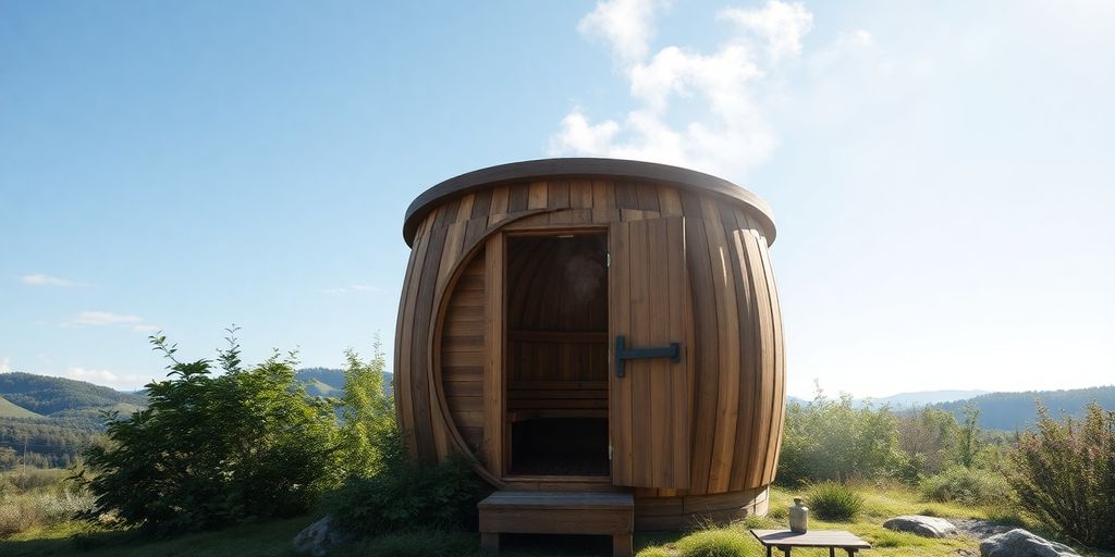 Wooden barrel sauna in a serene outdoor setting.