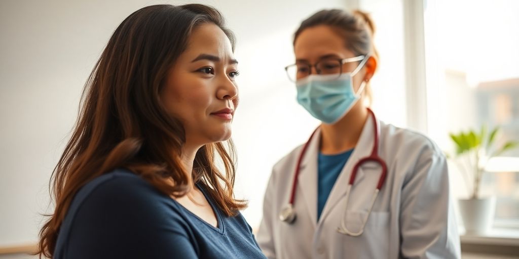 Person looking thoughtfully at medical professional.