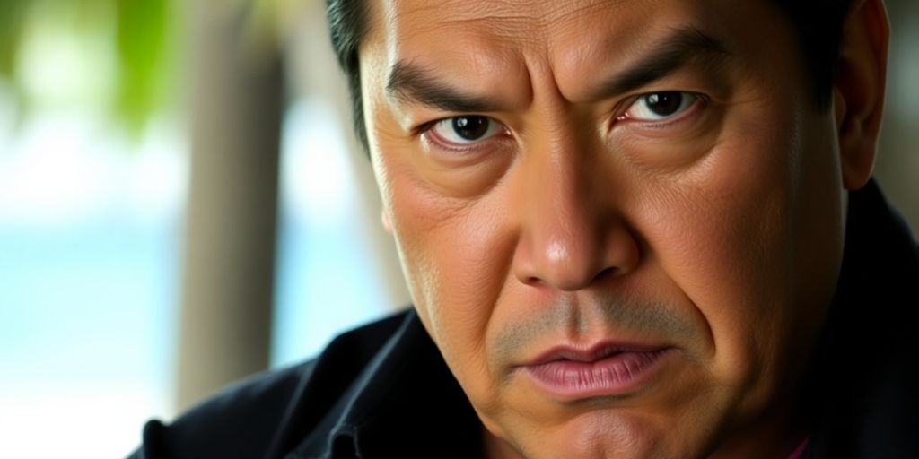 Wo Fat character portrait, menacing expression, Hawaii Five-0 setting.