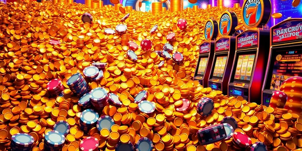 Massive casino payouts with coins and chips.