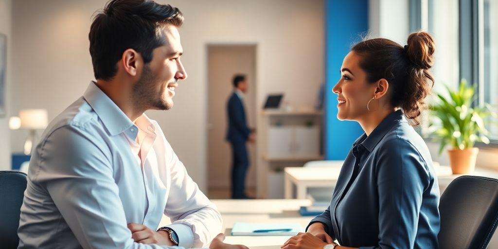 5 Vorteile eines Werkvertrags für Unternehmen Büro-Szene mit Personalvermittler und Kandidaten im Gespräch.