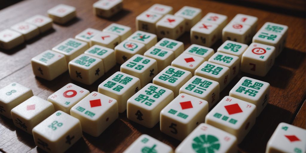 Mahjong tiles with numbers and symbols on wooden table.