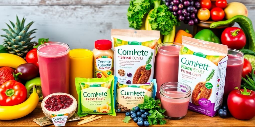 Colorful meal replacement items with fruits and vegetables.