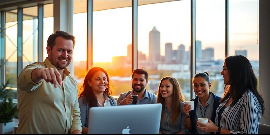 Sacramento skyline, diverse professionals collaborating, sunlit office.