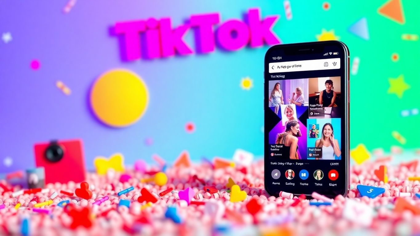 Smartphone showing TikTok videos with colorful backgrounds.