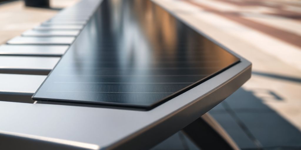 Film photovoltaïque intégré dans un banc de mobilier urbain.