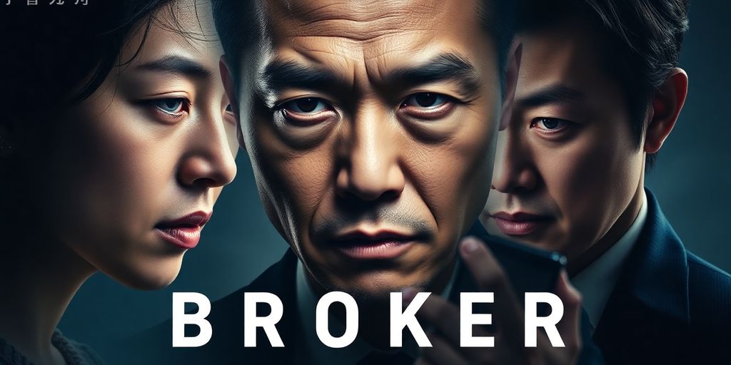 Intense close-ups of Chinese drama 'Broker' actors in dramatic poses.