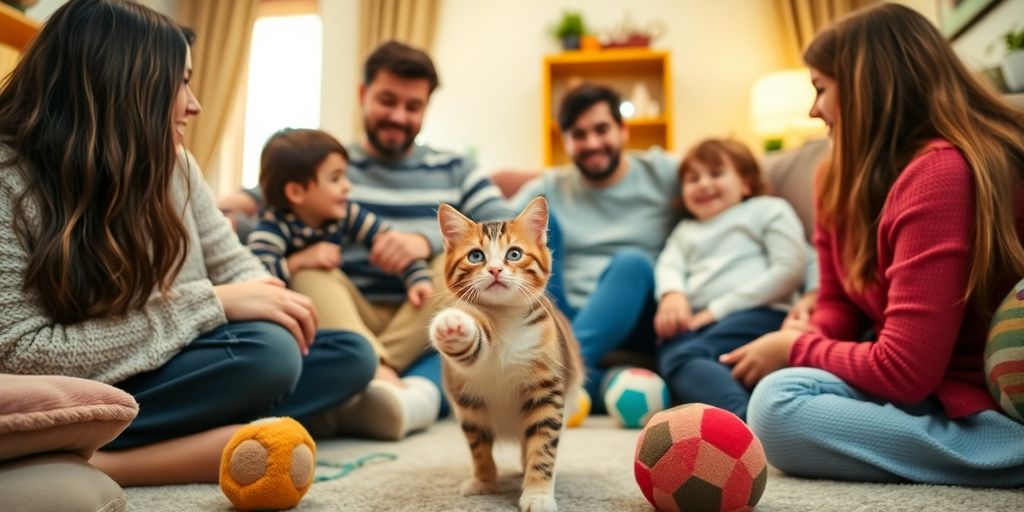 A playful cat in a cozy family living room.