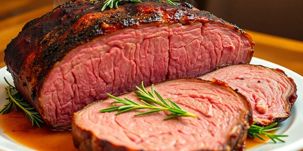 Sliced slow-cooked beef chuck roast on a white platter with rosemary.