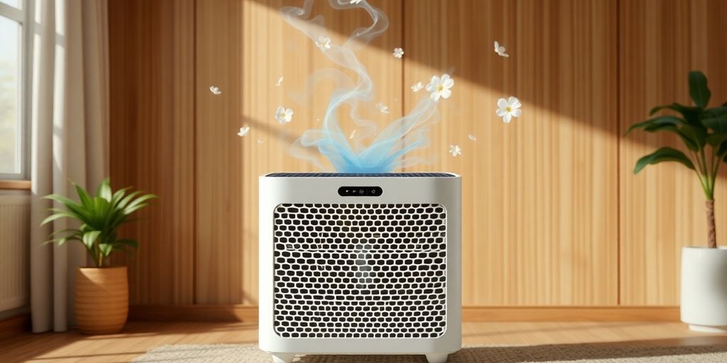 Air purifier with pleasant aroma swirling around it.