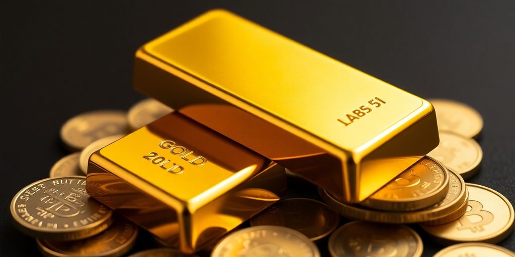 Lingot d'or sur des pièces brillantes.