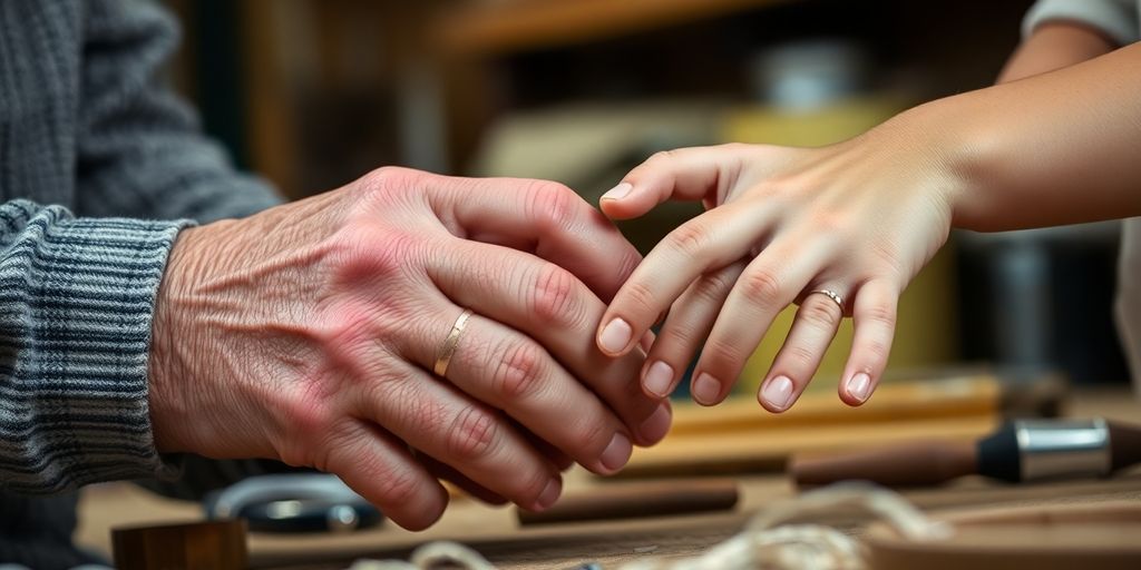 Experienced mentor guiding a focused apprentice in a workshop.