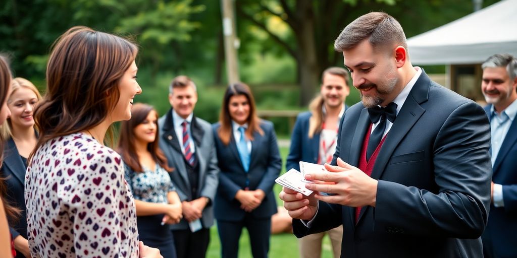 Magician performing a card trick for an engaged corporate audience.