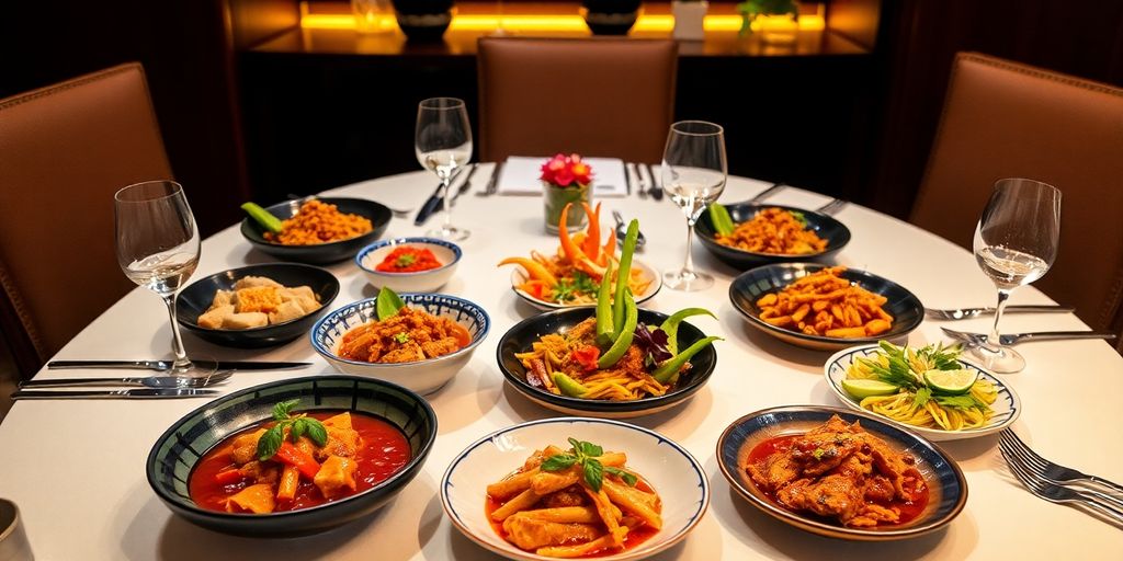 Elegant table with traditional Thai dishes and fine dining setup.