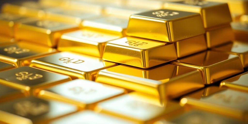 Barres d'or brillantes empilées sur un fond flou.