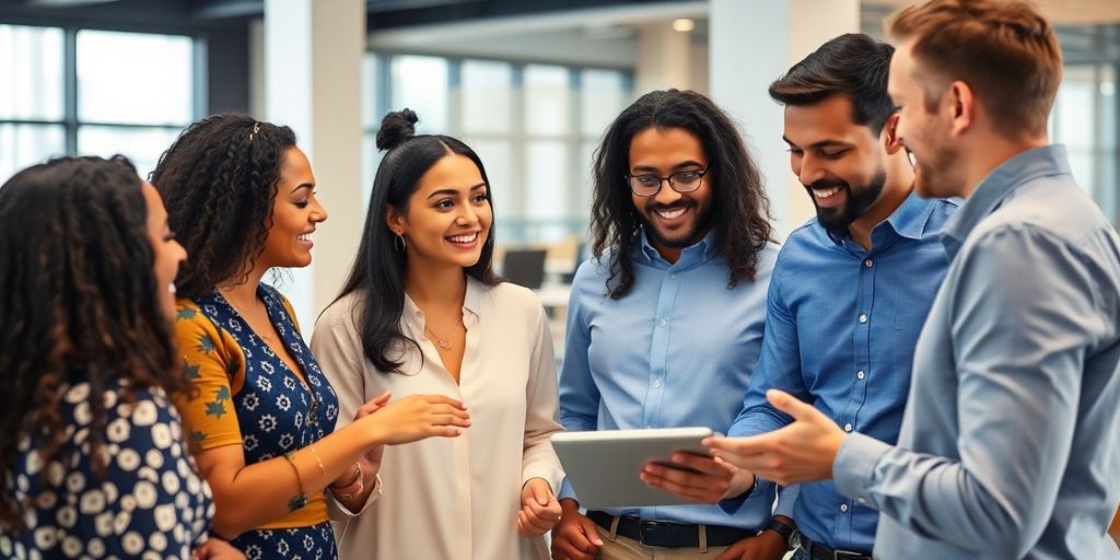 Diverse professionals discussing strategies in a modern workspace.