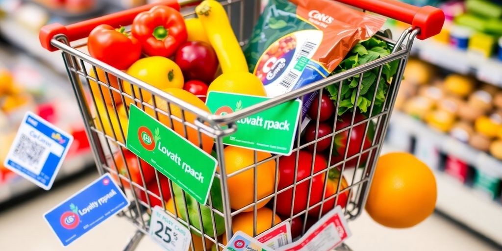 Colourful grocery cart with fresh produce and loyalty cards.