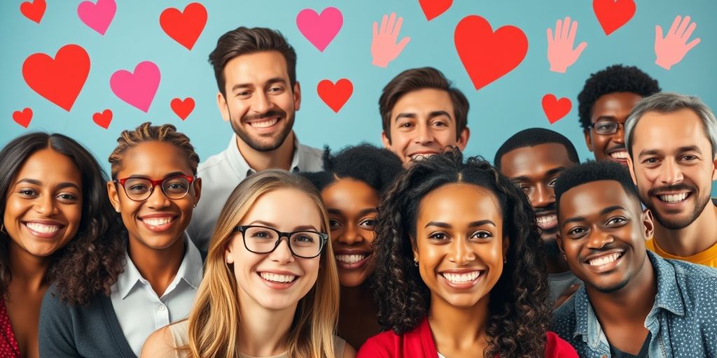 Diverse actors smiling with symbols of philanthropy around them.