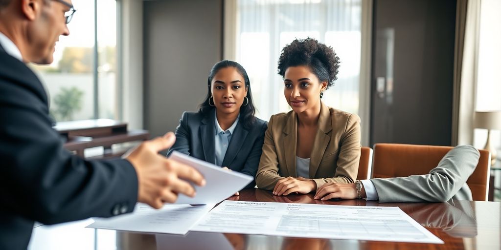 Lawyer discussing finances with diverse couple.