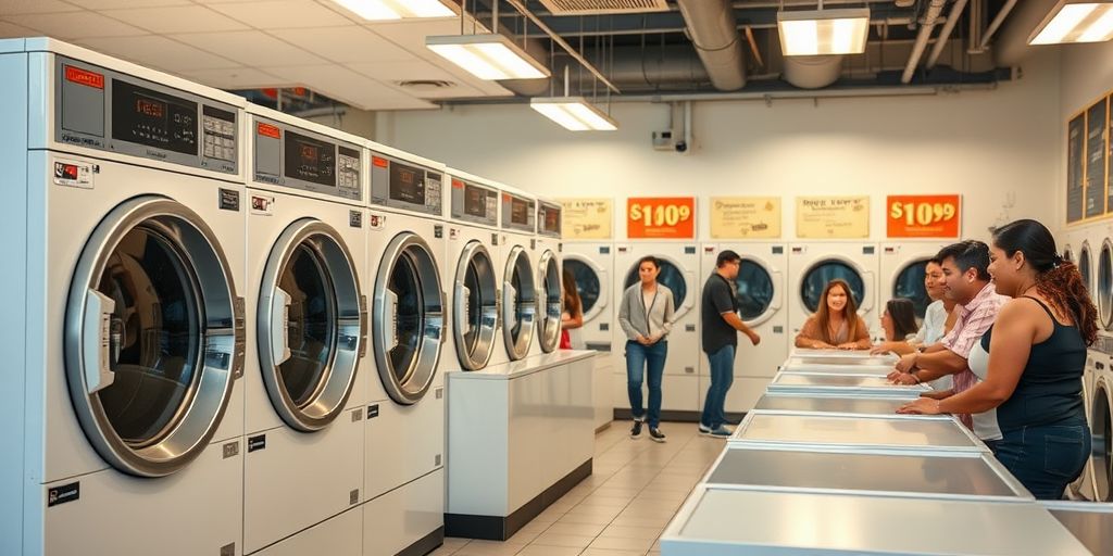 Interior of a modern, customer-friendly laundromat.