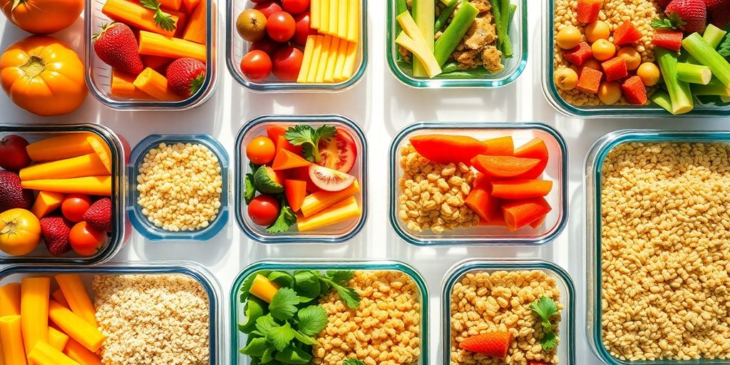 Colorful array of prepped breakfast and snack containers.