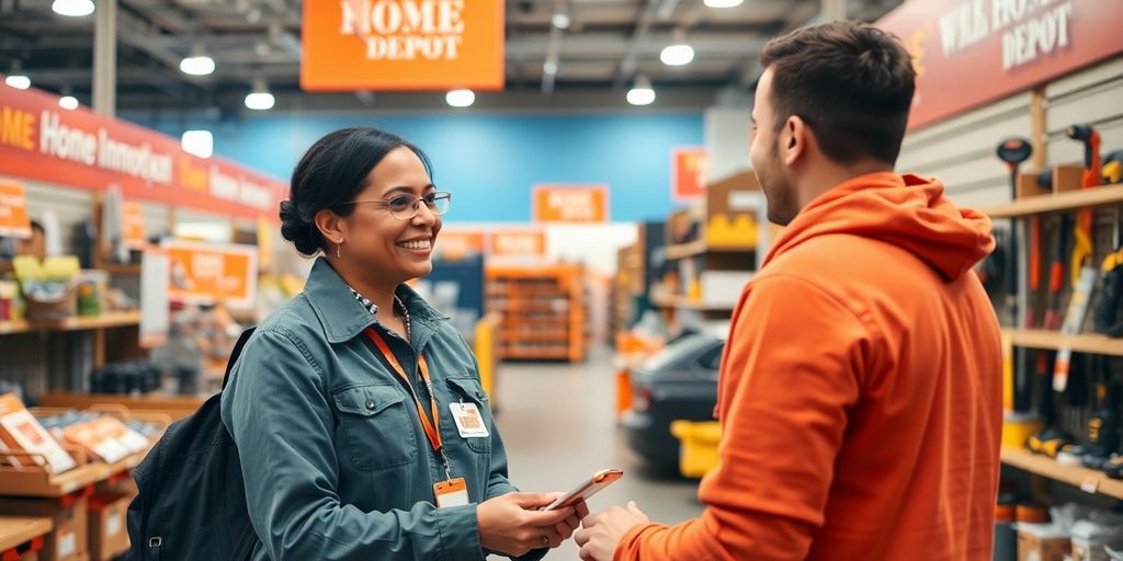 Home Depot customer service representative assisting a customer.