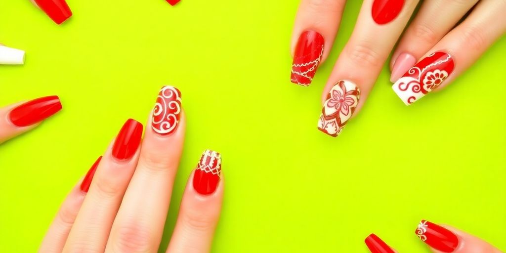 Unhas vermelhas e brancas decoradas criativamente.