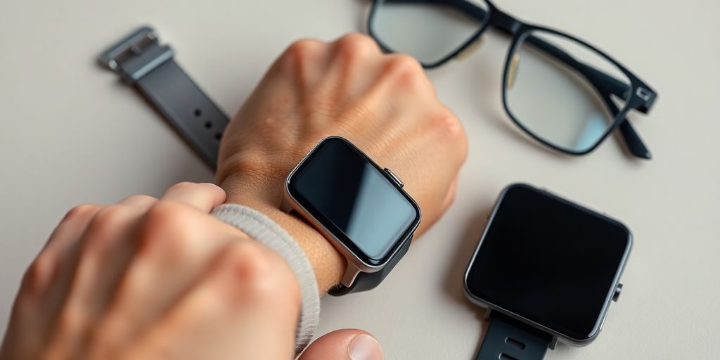 Person interacts with sleek wearable technology devices.