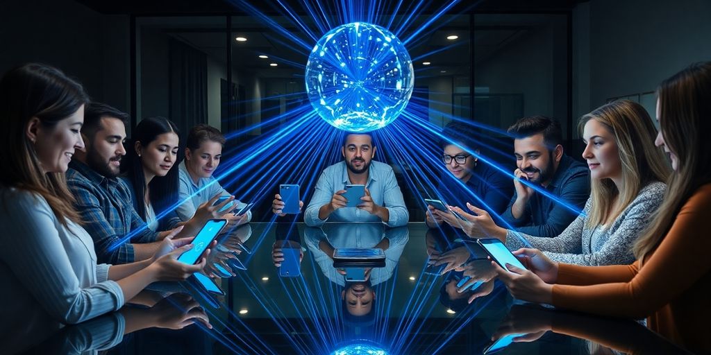 Group around glass table holding smartphones with blue holographic beams