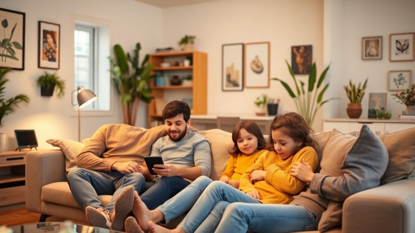 Familia relajándose en una sala moderna y acogedora