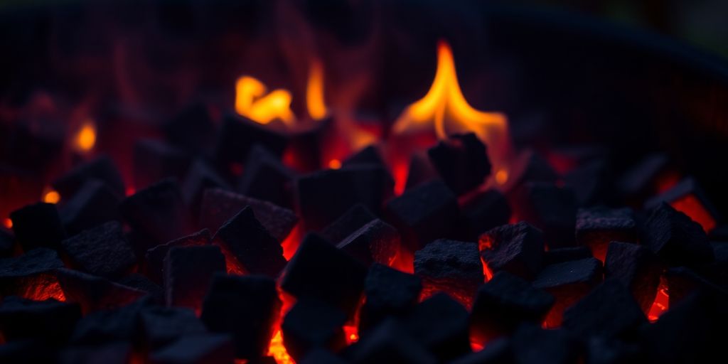 BBQ grill with glowing coconut charcoal.
