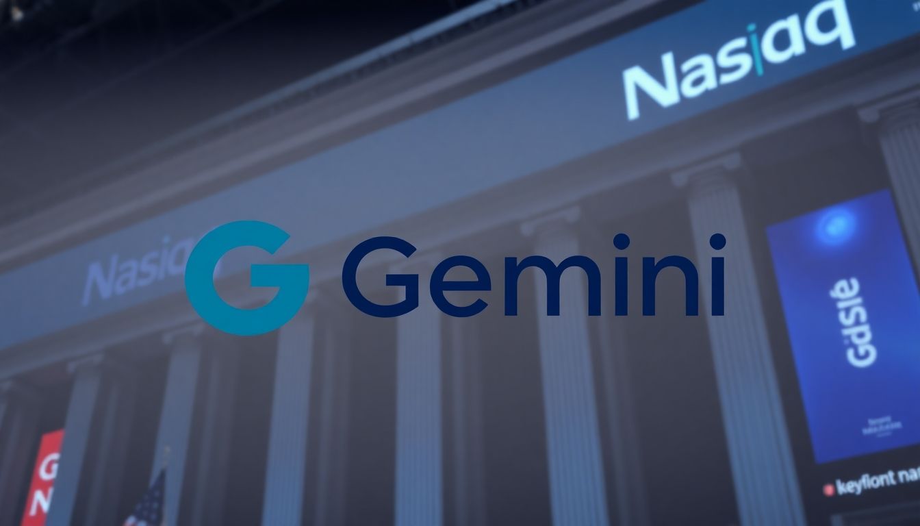 Gemini logo against a modern, corporate Nasdaq backdrop.