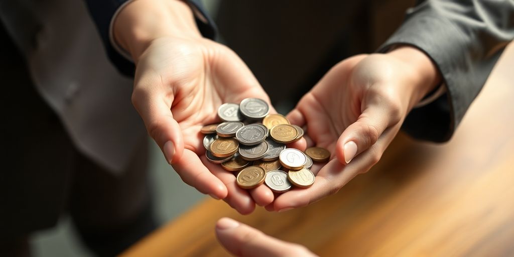 Two hands exchanging money.