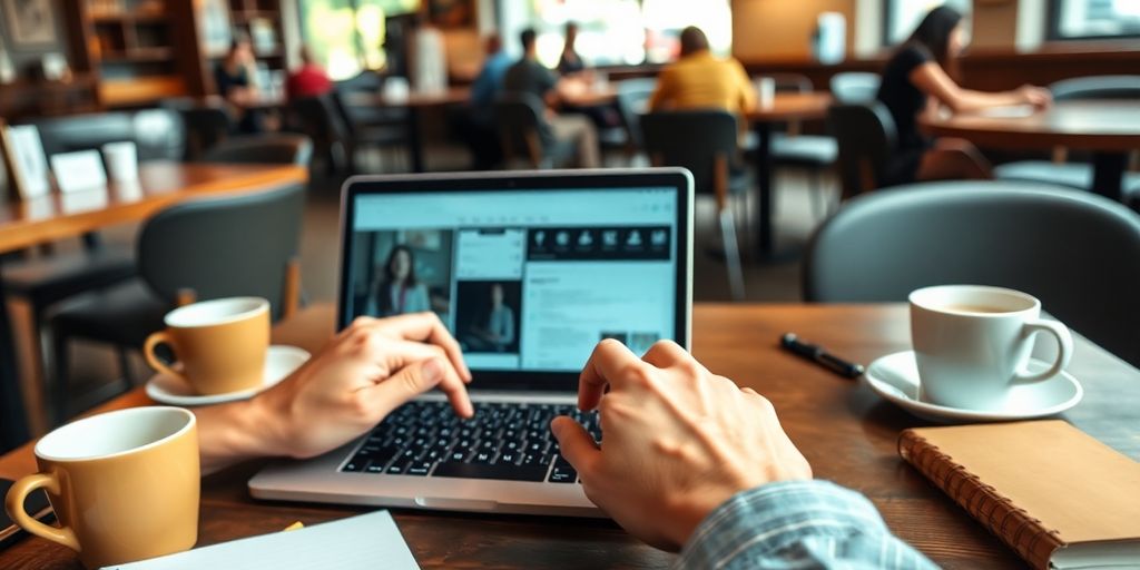 Person working on a laptop in a cozy café.