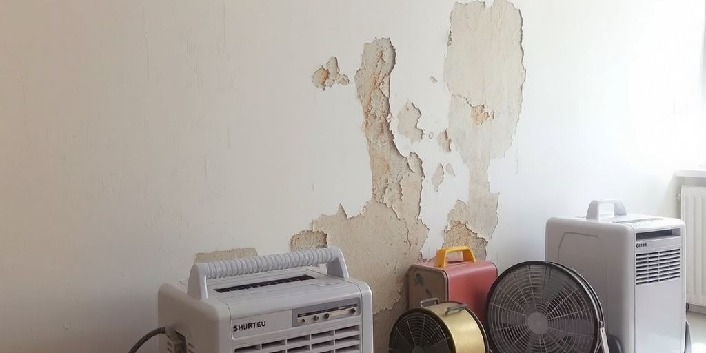 Water-damaged wall with repair tools nearby.