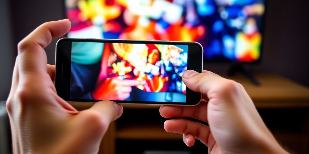 Homem conecta celular à TV com cabo HDMI.