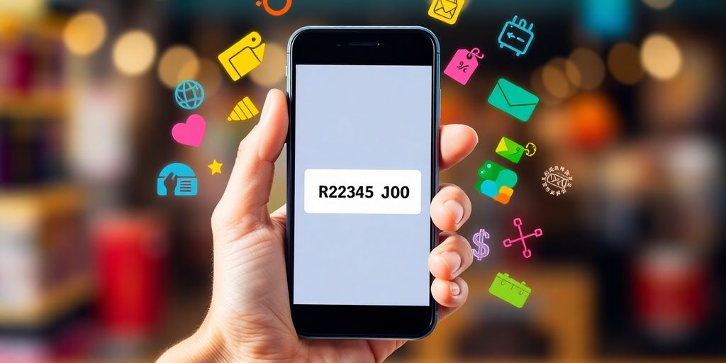 Hand holding smartphone with redeem code visible.