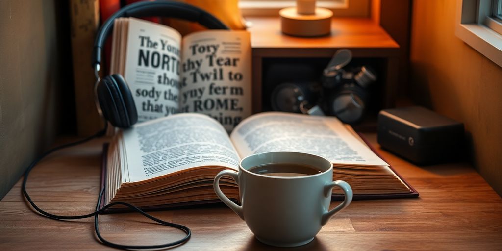 Cozy reading nook with book and headphones.