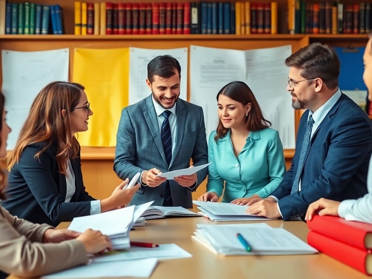 Grup de profesioniști discuțând despre dreptul muncii.