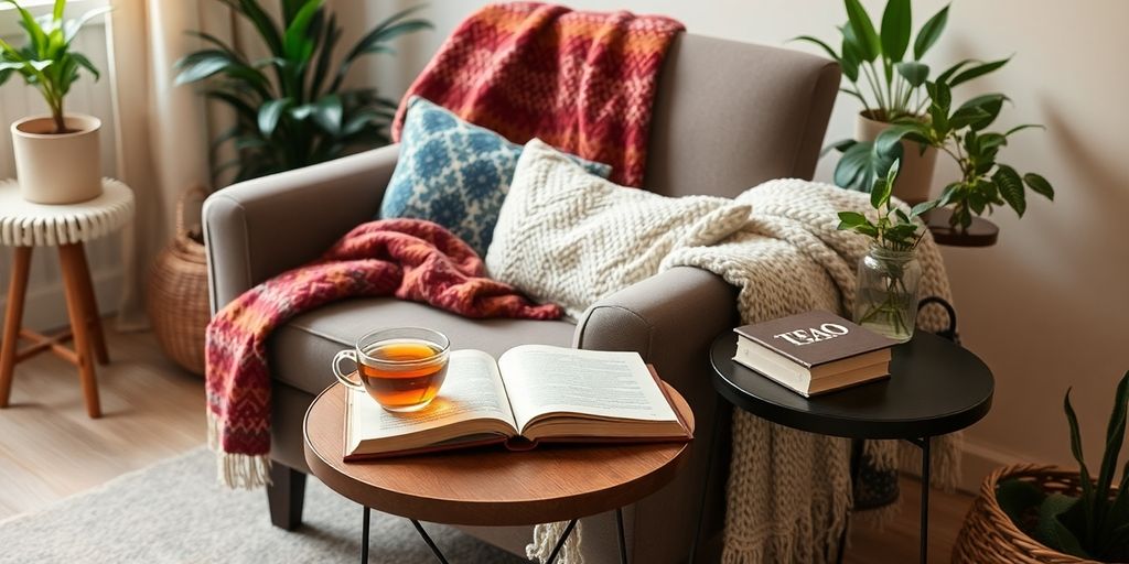 Cozy living room with armchair and tea on table.