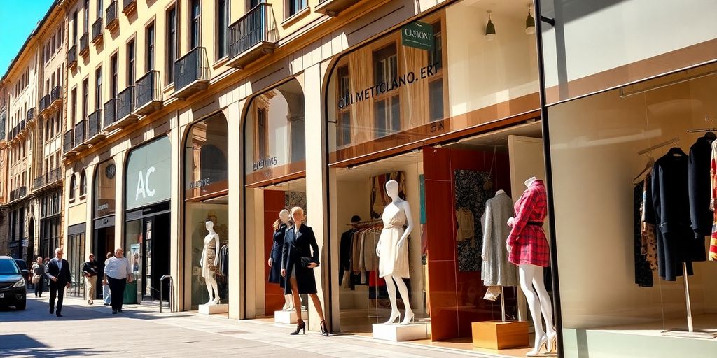Chic Milanese street with luxury fashion boutiques.