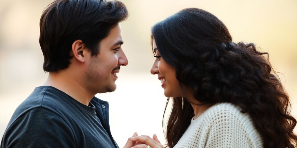 Couple holding hands, looking at each other warmly.